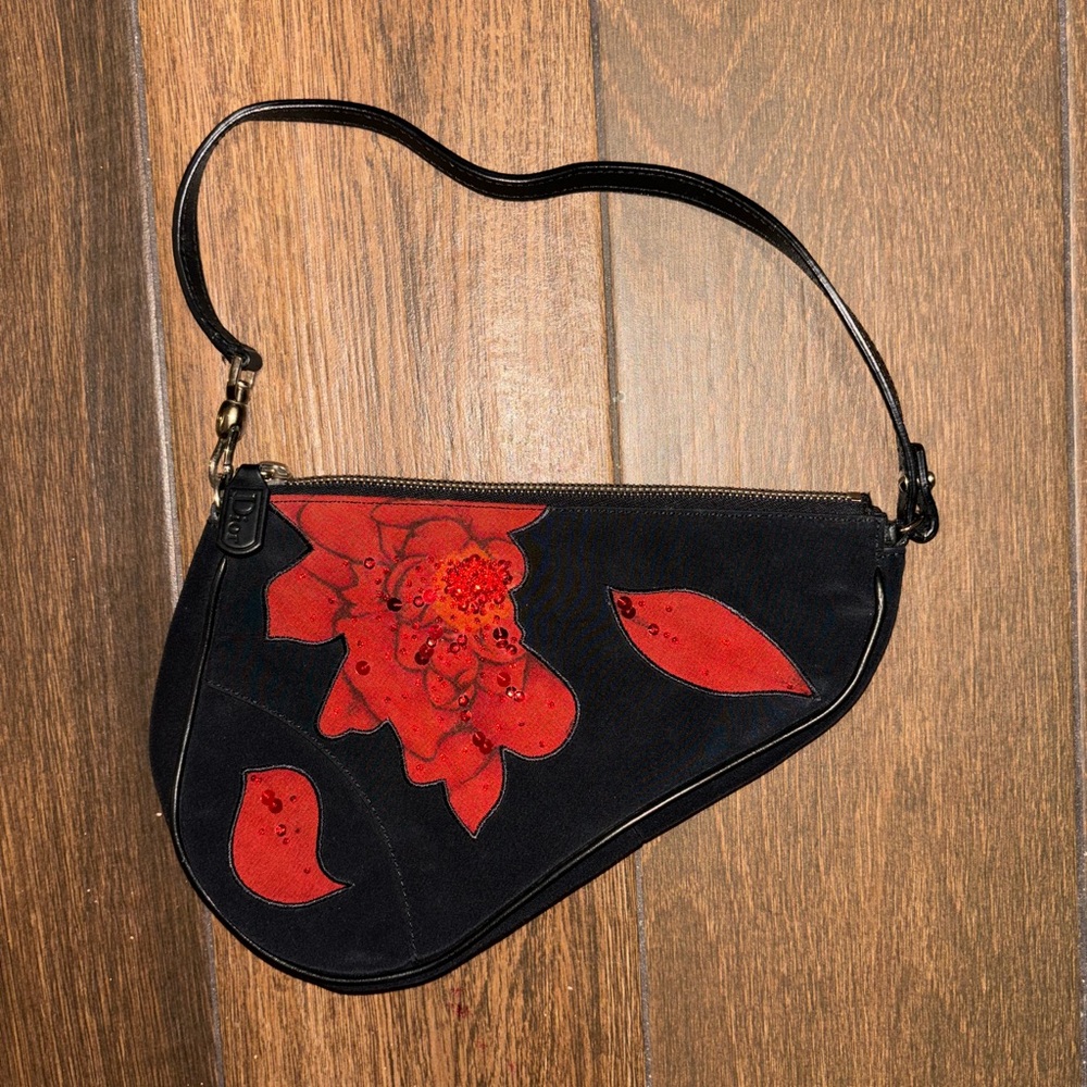 Vintage Christian Dior Black Rose Saddle Handbag